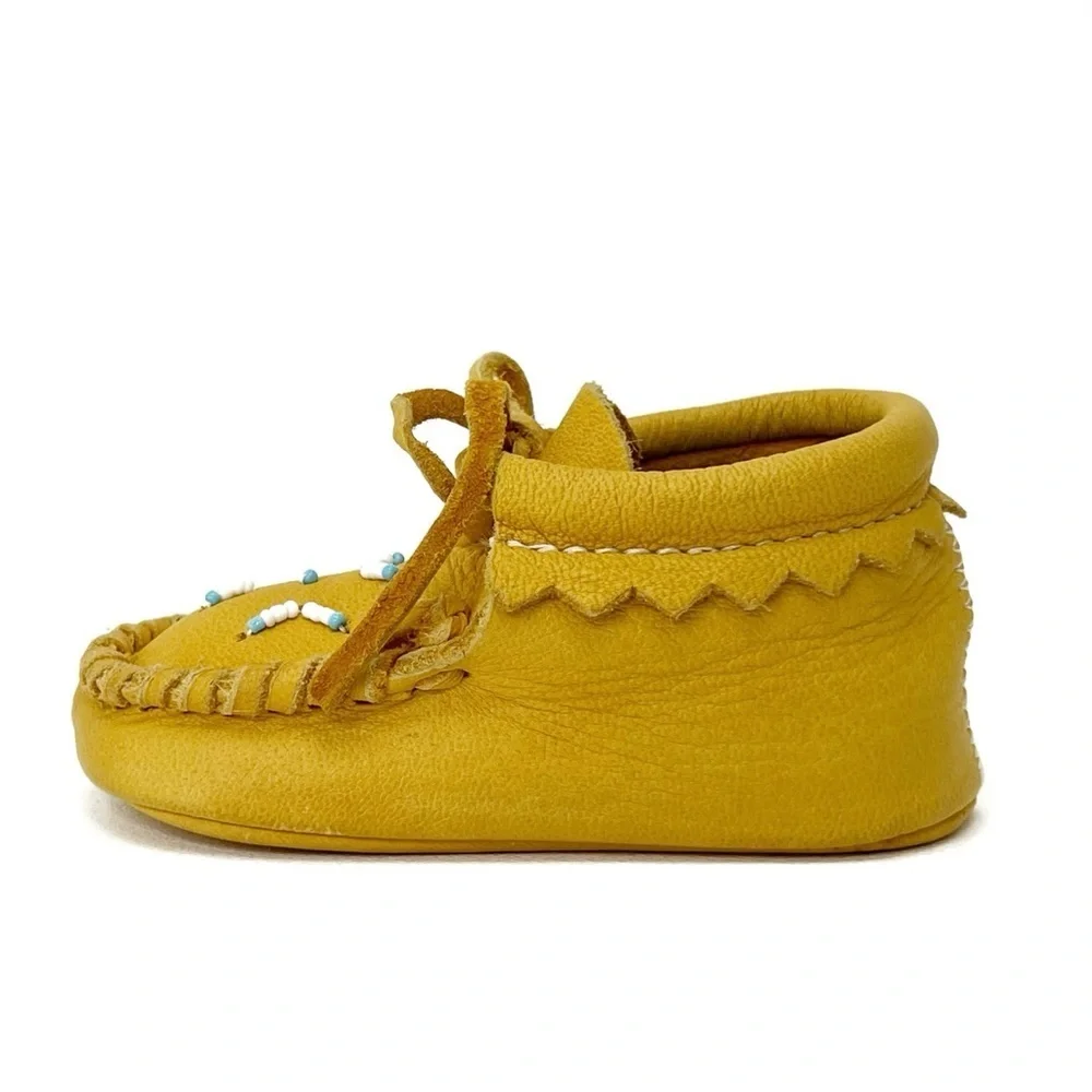 Taos Mox Baby Beaded Moccasins Size 30 = Size 3 Infant Deerskin Mocs Fringed EUC
